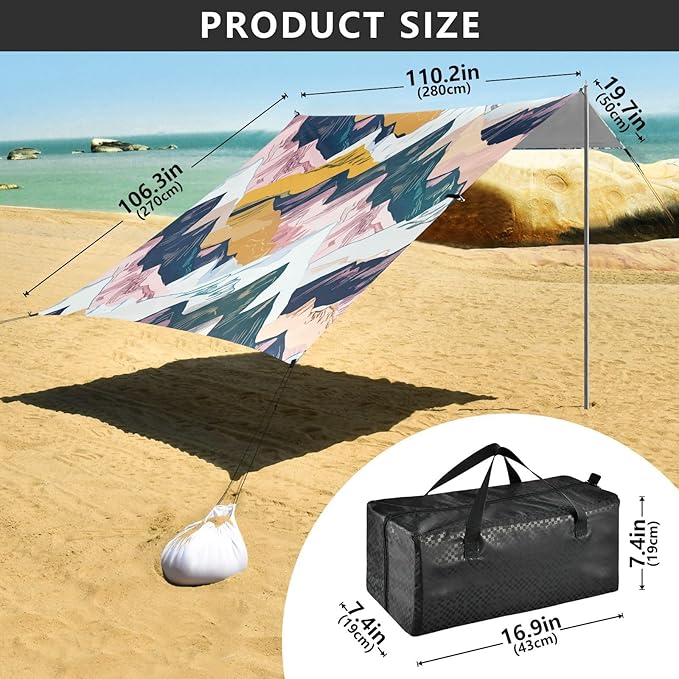 Beach Canopy with Windproof Ropes &amp Sandbags Beach Tent Sun Shade Sun Shelter for Camping Trips Fishing Backyard Fun or Picnics Mountain