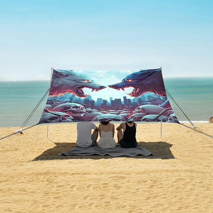 ALAZA Two Wolf Moon Skull Beach Tent Sun Shelter Portable Canopy Sunshade for Outdoor Camping Picnics Backyard Fun 10x9 ft