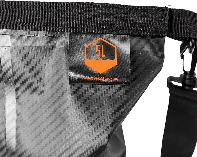 YakAttack 5L Roll-Top Drybag with Air Valve - Black Carbon | Waterproof Marine Dry Bag for Kayaking Boating &amp Paddleboarding | Heavy Duty Small Drybag for Gear Protection | Compact Kayak Storage