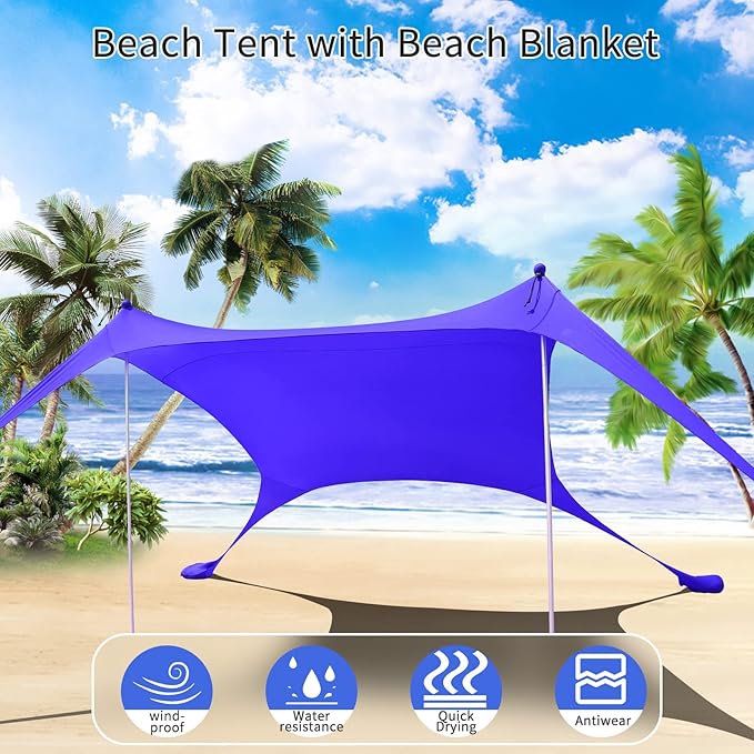 77 FT Beach Tent Sun Shelter UPF50+ UV Protection Outdoor Canopy Tent Sun Shade with 2 Poles for Camping Fishing Backyard and Picnics with Sandproof Beach Blanket Royal Blue