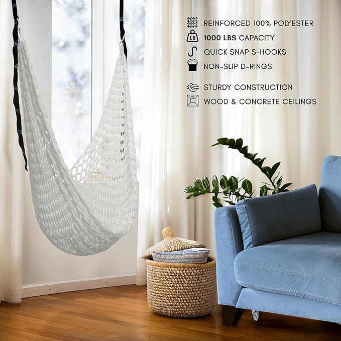 Tranquillo Hammock 550 lbs Capacity Double Hammocks Camping Hammock with Hammock Straps Hammocks for Outside Hiking Camping Essentials Indoor - Garden Portable Tree Straps White