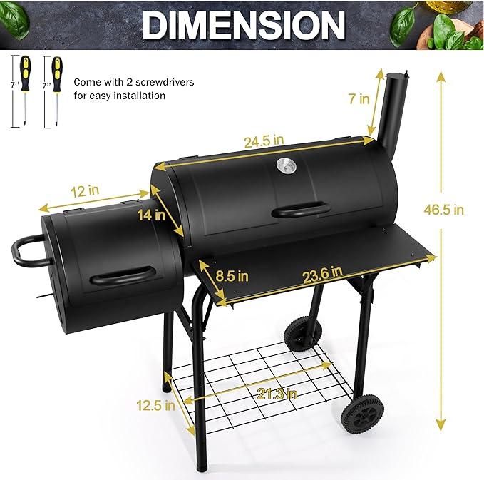 Joyfair Charcoal Grill with Offset Smoker Camping Barbecue Grill with Side Fire Box for Outdoor BBQ Smoking/Backyard Party Grilling Thick Iron Steel &amp Dual Chamber Design Thermometer &amp Chim