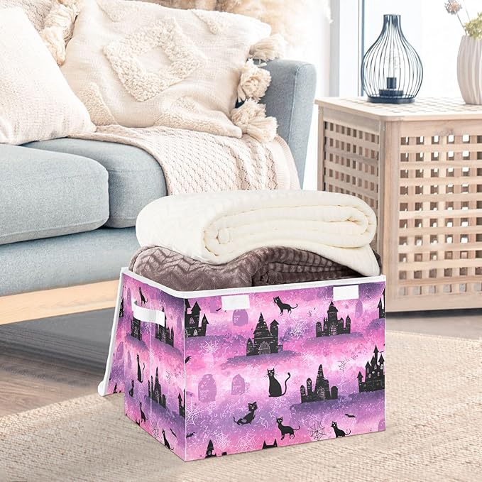 Pink Halloween Castles Cat Tombstones Storage Box with Lid 1 PC Foldable Storage Bin with Lids Stackable Storage Bins Cube Closet Organizer Basket with Flip-Top Lid &amp Handles for Shoes Bo