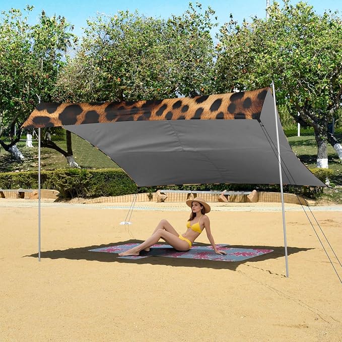 ALAZA Leopard Print Cheetah Beach Tent Sun Shelter UPF50+ Protection Beach Shade Canopy w/ 4 Sandbags for Outdoor Camping Fishing Backyard Fun Picnic 10x9 ft