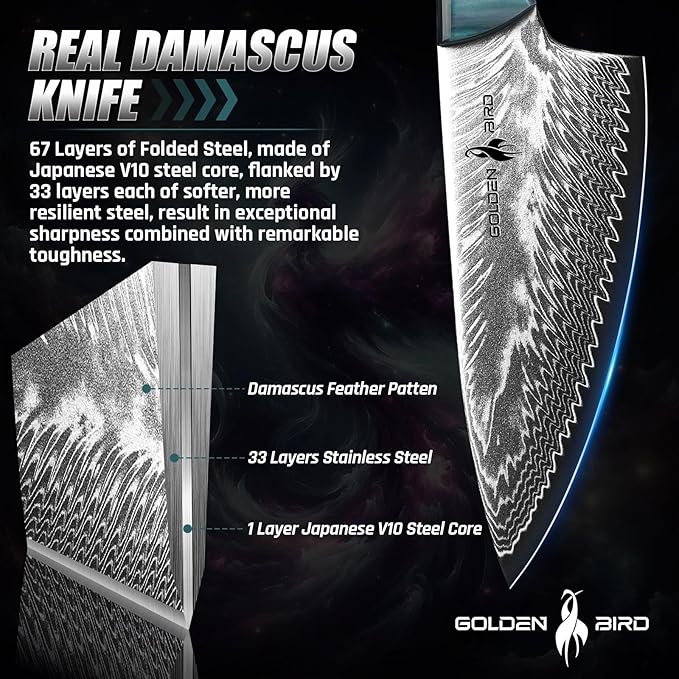 Golden Bird Damascus Steel Knife for Kitchen and Outdoor - Hand Forged Camping Cooking Knife with Resin Handle All Purpose Small Kitchen Knives with Sheath Gift for Men &amp Women
