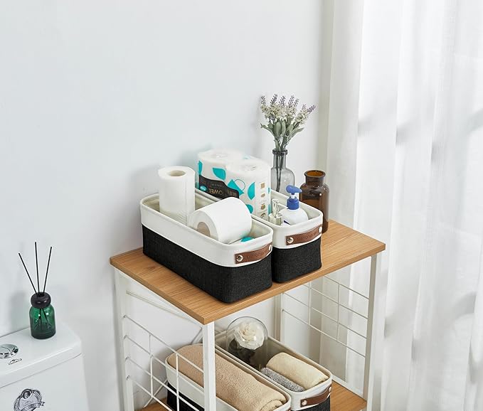 DECOMOMO Narrow Storage Bins Small Baskets for Organizing Bathroom Toilet Tank Towel Storage Entryway Gifts (Black and White - Set of 4)