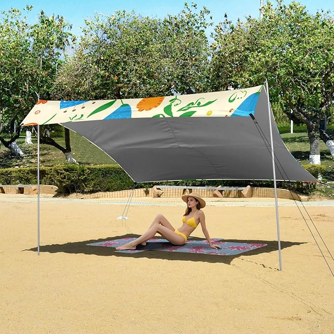 Beach Canopy with Windproof Ropes &amp Sandbags Beach Tent Sun Shade Sun Shelter for Camping Trips Fishing Backyard Fun or Picnics Flowers