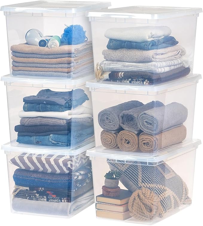 IRIS USA 12-Pack Storage Bins with Lids 68 Quart Clear Stackable Containers Box Organize Shoes Closet Shelves Clothes Blankets Towels - BPA-Free Plastic
