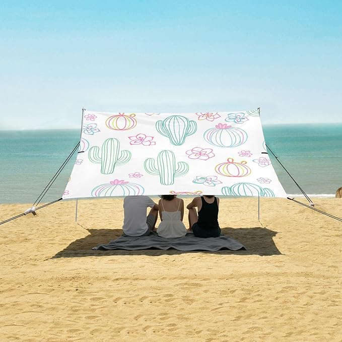 Beach Canopy with Windproof Ropes &amp Sandbags Beach Tent Sun Shade Sun Shelter for Camping Trips Fishing Backyard Fun or Picnics Cactus