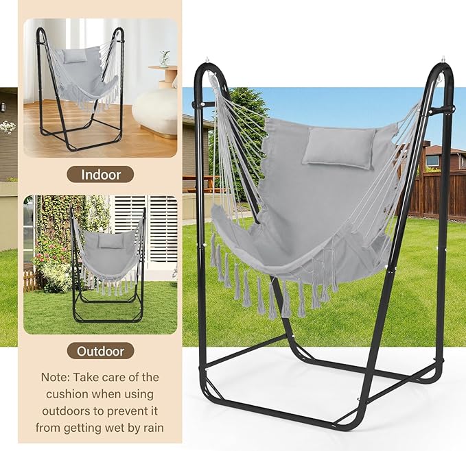 U-Shaped Hammock Chair with Stand Heavy-Duty and Rustproof Hanging Chair with Stand Bohemian Style Tassel Hammock Swing Chair Stand with Headrest and Side Pockets for Yard Garden (Light Gray)