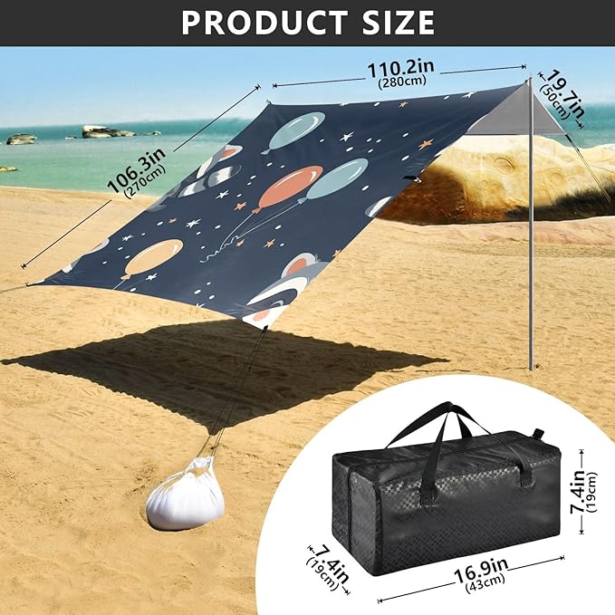 ALAZA Cute Raccoons Balloon Star Beach Tent Sun Shelter Portable Canopy Sunshade for Outdoor Camping Picnics Backyard Fun 10x9 ft