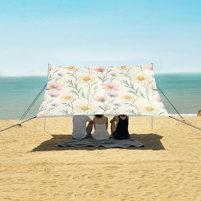 xigua Wildflowers Beach Tent Sun Shelter with Carrying Bag - Silver Coated Oxford Fabric Beach Canopy for Beach Camping Fishing - Includes Windproof Ropes Sandbags &amp Stakes