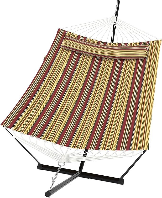 2 Person Double Hammock with Stand &amp Pillow 450 LBS Heavy Duty Outdoor Hammock with Balance Rope for Patio Backyard Poolside
