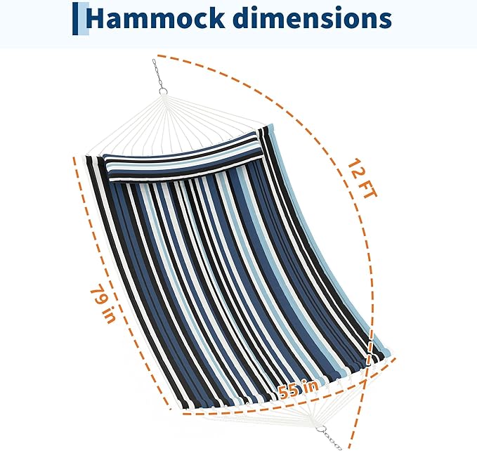 12 FT Double Quilted Fabric Hammock with Spreader Bar &amp Detachable Pillow 450 LBS Capacity 2 Person Hammock Indoor Outdoor for Patio Backyard Poolside Garden