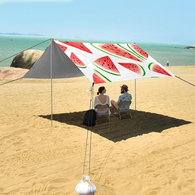 xigua Watermelon Beach Tent Sun Shelter with Carrying Bag - Silver Coated Oxford Fabric Beach Canopy for Beach Camping Fishing - Includes Windproof Ropes Sandbags &amp Stakes