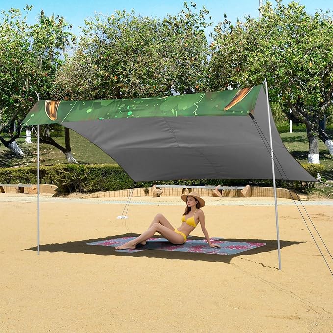 ALAZA Highland Bull Four Leaf Beach Tent Sun Shelter UPF50+ Protection Beach Shade Canopy w/ 4 Sandbags for Outdoor Camping Fishing Backyard Fun Picnic 10x9 ft