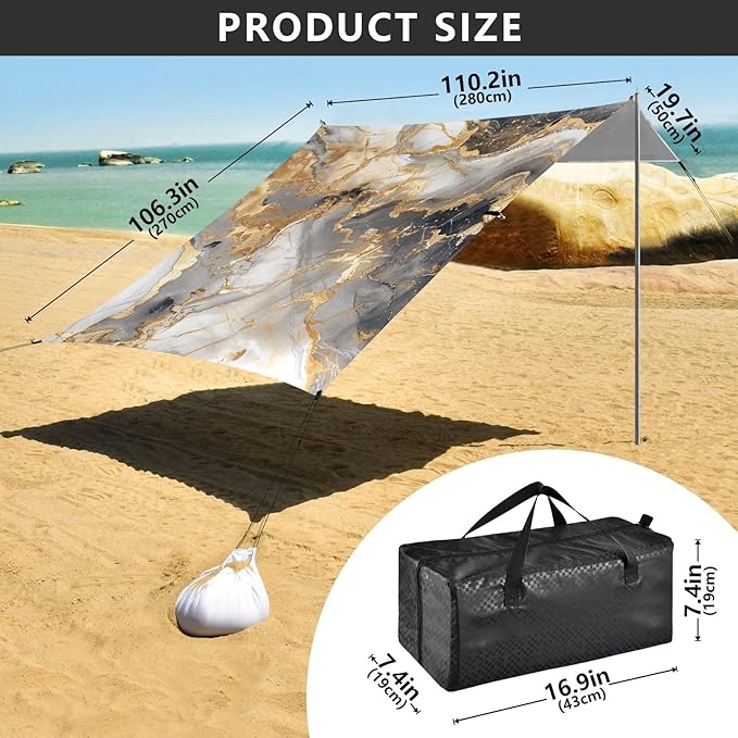ALAZA Marble Golden Black Beach Tent Sun Shelter Portable Canopy Sunshade for Outdoor Camping Picnics Backyard Fun 10x9 ft