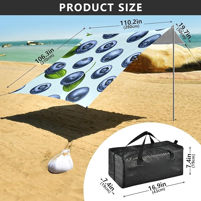 Beach Canopy with Windproof Ropes &amp Sandbags Beach Tent Sun Shade Sun Shelter for Camping Trips Fishing Backyard Fun or Picnics Blueberry