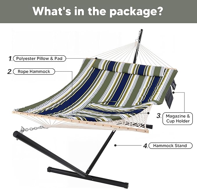 SUNCREAT Hammocks Double Outdoor Hammock with Stand Cotton Rope Two Person Hammock with Polyester Pad &amp Large Pillow Blue&amp Gray