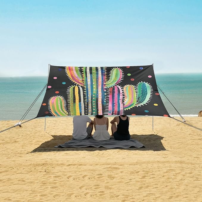 ALAZA Rainbow Cactus Polka Dots Beach Tent Sun Shelter UPF50+ Protection Beach Shade Canopy w/ 4 Sandbags for Outdoor Camping Fishing Backyard Fun Picnic 10x9 ft