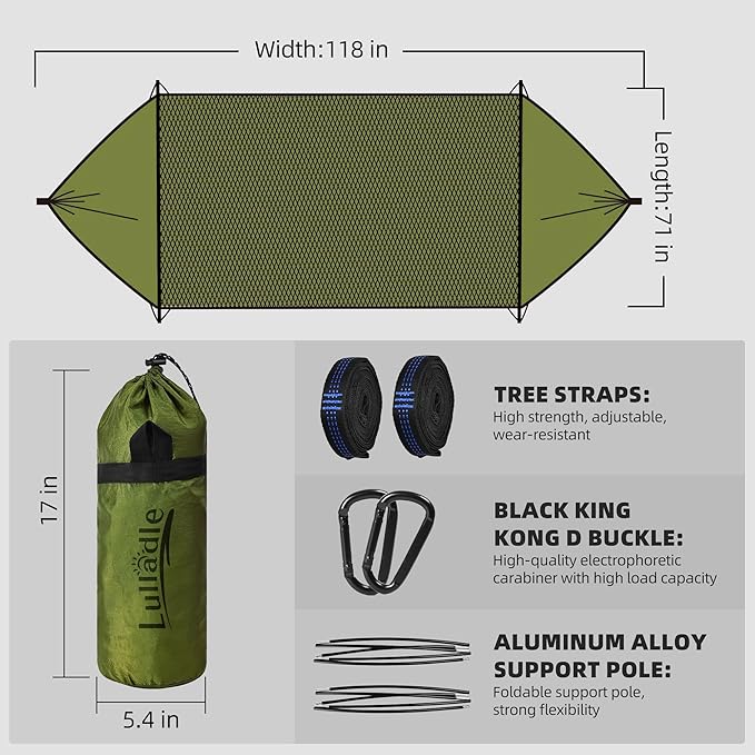 Lulladle Camping Hammock - (Double/Single) Hammock Portable with Tree Straps and with Mosquito NetNylon Hanging Hammock Easy Setup and Pack for Outdoor Hiking and Backyard