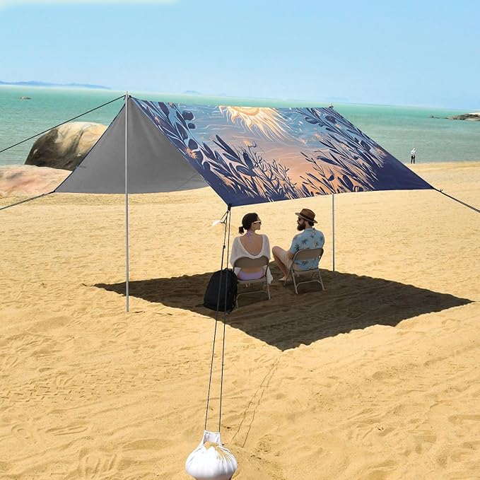 Sun Moon Art Beach Tent Sun Shelter Set UPF50+ UV Protection 10.5 x 9.19 FT Camping Shade Canopy with Sandbags Sand Anchors Carrying Bag and Others