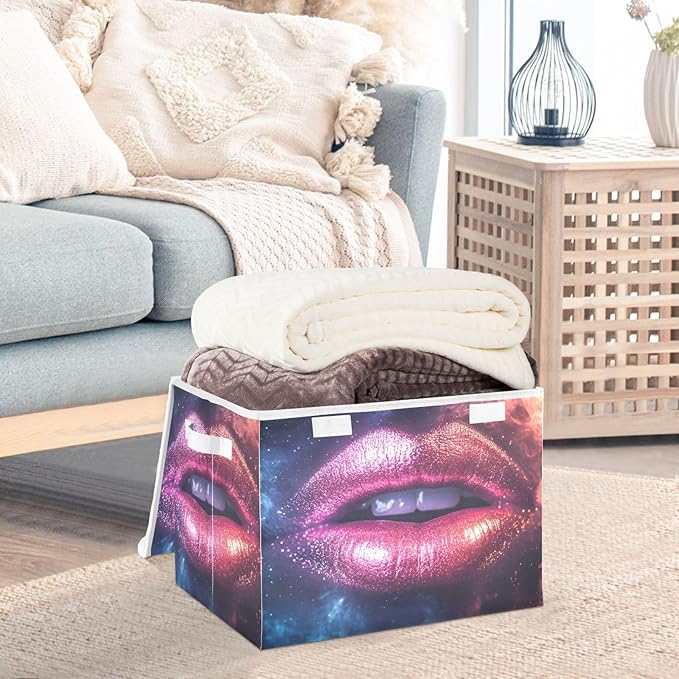 Shining Lip Storage Cube Bins Basket with Lid Collapsible Flip-top Fabric with Handle for Home Bedroom Closet Office 16.5×12.6×11.8 in