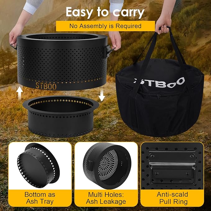 STBoo Smokeless Fire Pits for Outside with Portable Carrying Storage Bag 20x14 Inch Firepits Outdoor Wood Burning Low Smoke Outdoor Fireplace for Bonfire Picnic Backyard Cooking on Beach Black L