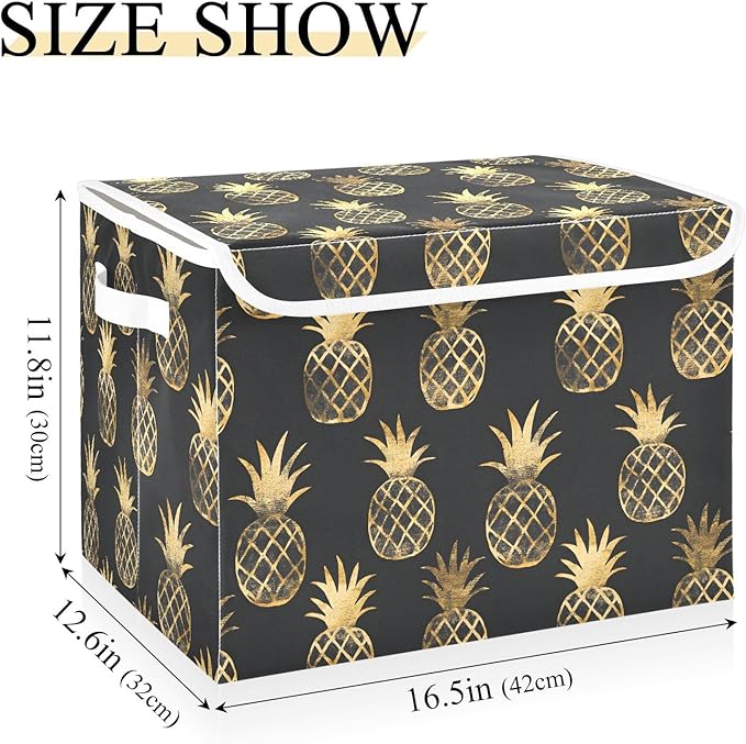 Storage Cube with Lid Golden Pineapple Print 16.5×12.6×11.8 IN 1 Pack Collapsible Large Capacity Foldable Storage Basket Bin Organizer
