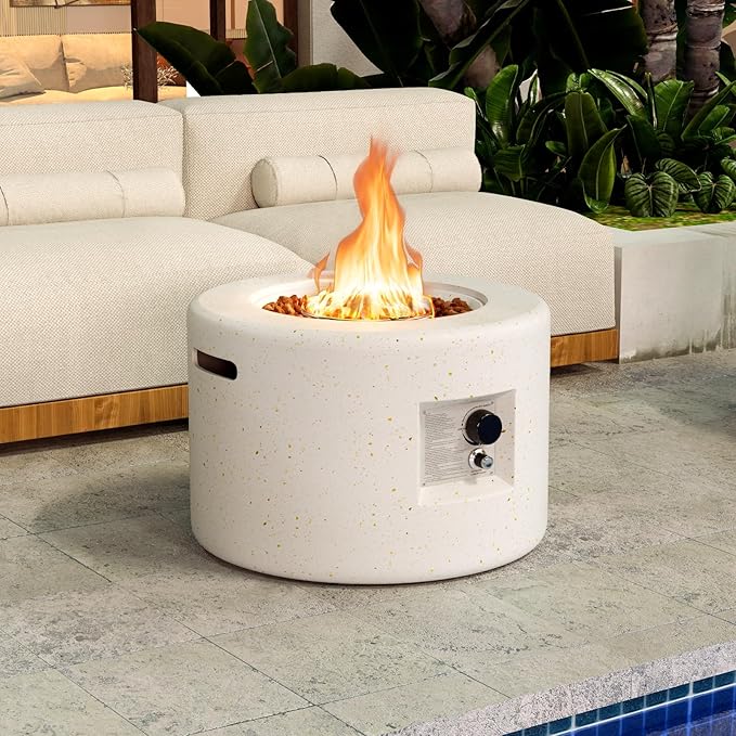 Tangkula Propane Fire Pit Table 25.5” Round Terrazzo Gas Fire Pit with Stainless Steel Burner &amp Lava Rocks Protective Cover &amp Tank Seat Included 40000 BTU Smokeless Fire Pit for Outside Pa