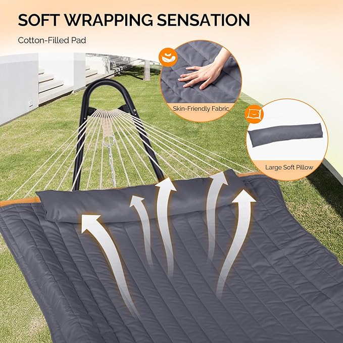 ONCLOUD Double Hammock with Stand for Outside Rope Hammock with Pillow and Pad Heavy Duty Hammock Set for Backyard 550 LBS (Grey)