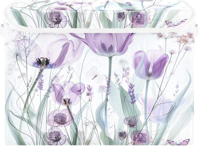 senya Baskets Collapsible Storage Bins with Lids Purple Tulips Flowers Pastel Storage Boxes Clothes Baskets for Organizing B06D22020
