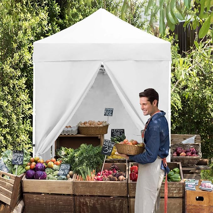 EAGLE PEAK 5x5 Instant Canopy with 4-Side Wall Panels Small Pop up Portable Canopy Tent with Carry Bag Light Weight Sun Shelter for Sports Camping and Beach White