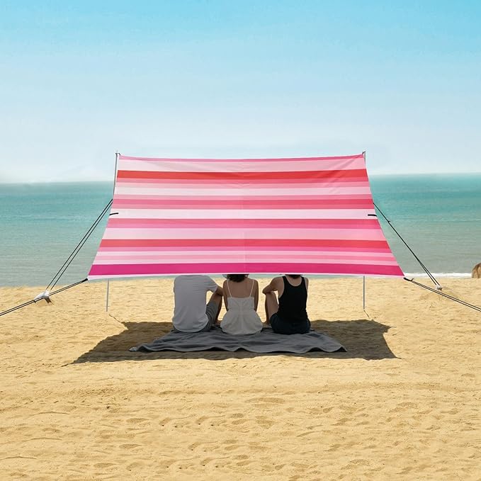 ALAZA Pink Red Striped Beach Tent Sun Shelter Portable Canopy Sunshade for Outdoor Camping Picnics Backyard Fun 10x9 ft