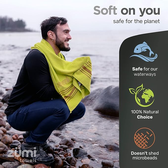 Zumi 100% Cotton Quick Dry Travel Towel - Soft Thin Compact Highly Absorbent Lightweight Camping Towel for Beach Gym Bath Shower Swimming Dorm RV - Green