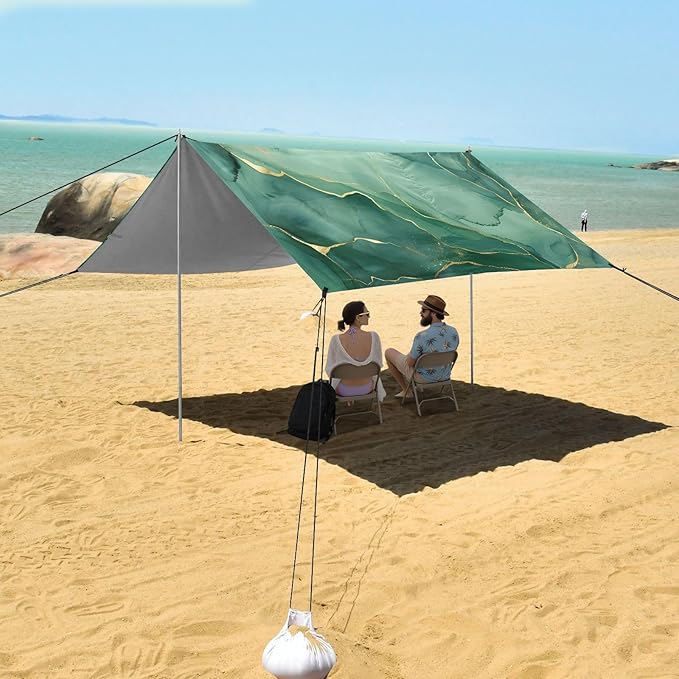 ALAZA Green Marble W/Gold Line Beach Tent Sun Shelter UPF50+ Protection Beach Shade Canopy w/ 4 Sandbags for Outdoor Camping Fishing Backyard Fun Picnic 10x9 ft