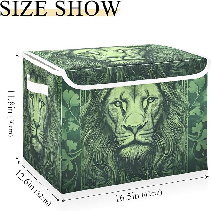 Storage Cube with Lid Green Leaves Lion Print 16.5×12.6×11.8 IN Collapsible Large Capacity Foldable Storage Basket Bin Organizer