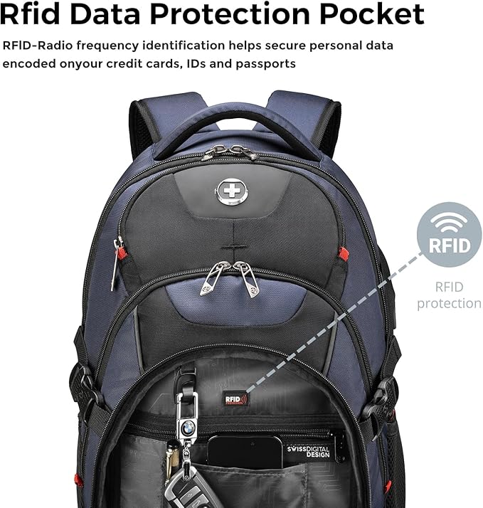 Swissdigital Design Laptop Backpack with USB Charging Port Travel Backpack Fits 15.6 inches Computer 31L College School Backpack for Men Blue/Black | SD803-12