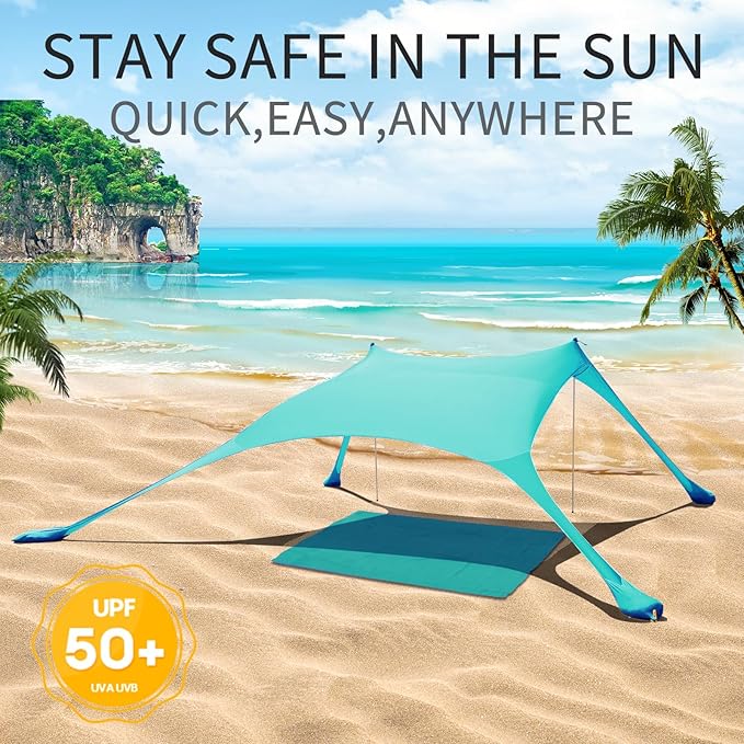 7×7 FT Beach Tent Sun Shelter UPF50+ UV Protection Outdoor Canopy Tent Sun Shade with 2 Poles for Camping Beach Fishing Backyard and Picnics Turquoise