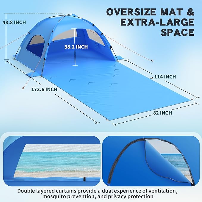Beach Tent Sun Shelter with Extended Sand Mat 114×82inchUPF 50+ Protection 3 Double-Layer Windows for Enhanced Privacy Portable Beach Shade 3-4 People. Windproof and Waterproof