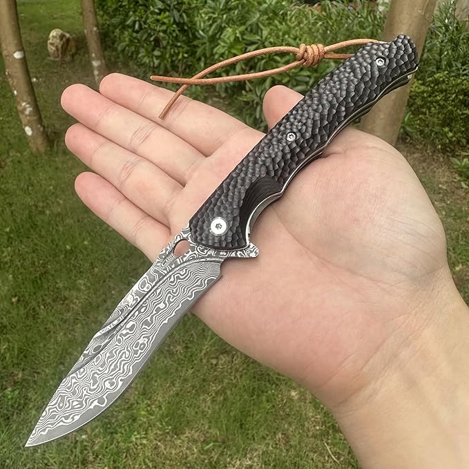 Damascus Steel Folding Pocket Knife 3.54 VG10 Blade for Men and Women Ebony Handle EDC Knife with Liner Lock for Outdoor Survival Camping Collection Hunting