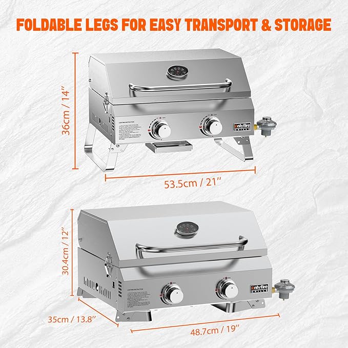 ONLYFIRE GRILLS Tabletop Gas Grill 2 Burners 20 Portable Propane Grill with Foldable Legs for Outdoor Patio Backyard Camping Tailgating RV Trip Beach Stainless Steel Gas Stove 16000BTU GS322