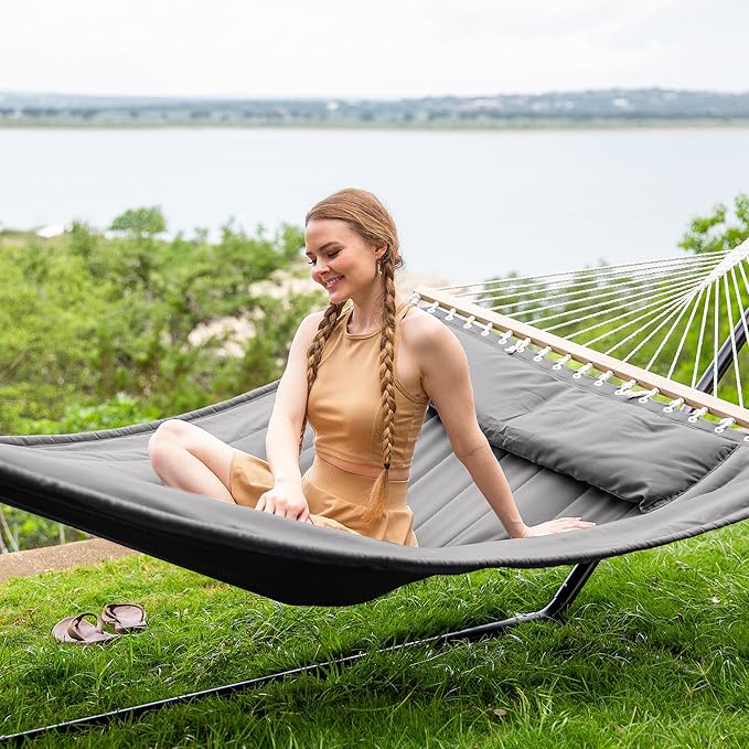 SUNCREAT Double Hammock with 15 ft Stand Outdoor Hammock with Stand Balance Straps Light Gray