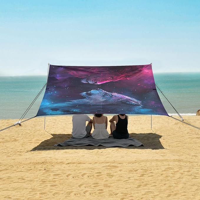 ALAZA Lions Nebula Beach Tent Sun Shelter UPF50+ Protection Beach Shade Canopy w/ 4 Sandbags for Outdoor Camping Fishing Backyard Fun Picnic 10x9 ft