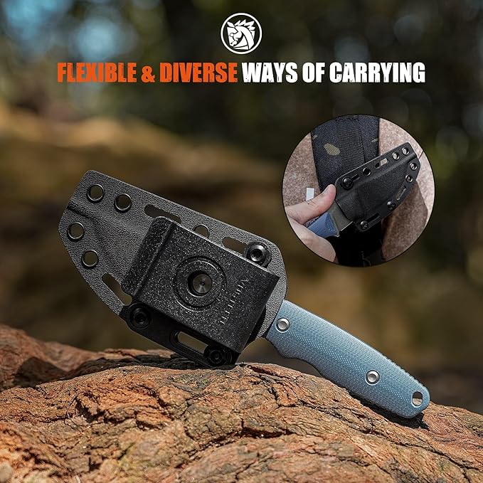 Vosteed H-Back EDC Fixed Blade Knife - 2.92 Nitro-V Blade with Sheath Stonewash - Blue G10 Handle with S.O.A.R. Clip for Hunting Survival Knives - D0405