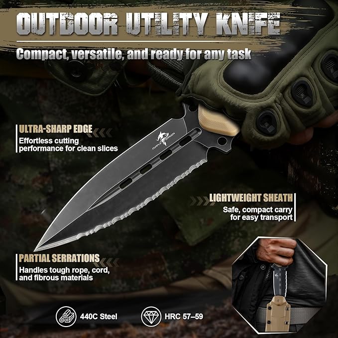 Purple Dragon Fixed Blade Knife with Kydex Sheath440C Steel Full Tang Outdoor Utility Knife with G10 Handle for Camping HikingBushcraft &amp Outdoor Use-Black-Brown