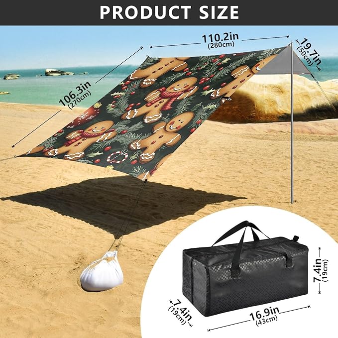 ALAZA Gingerbread Man Christmas Ball Pattern Beach Tent Sun Shelter Portable Canopy Sunshade for Outdoor Camping Picnics Backyard Fun 10x9 ft