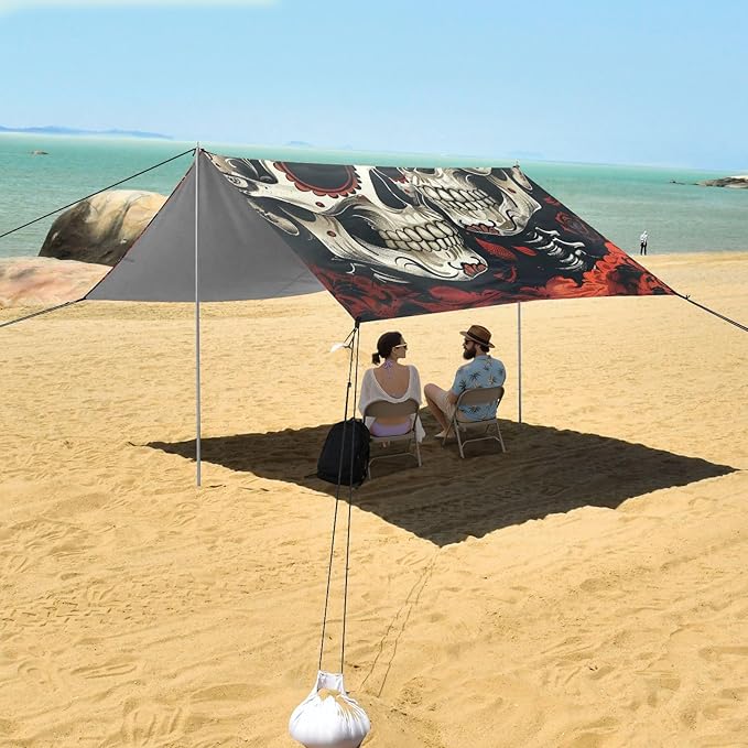 ALAZA The Day of Dead Halloween Skull and Skeleton Beach Tent Sun Shelter Portable Canopy Sunshade for Outdoor Camping Picnics Backyard Fun 10x9 ft