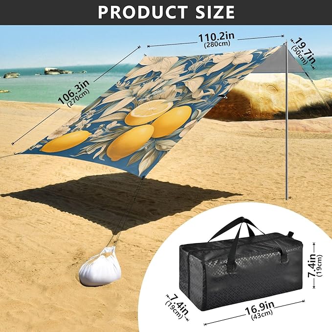 ALAZA Lemon Floral Butterfly Beach Tent Sun Shelter Portable Canopy Sunshade for Outdoor Camping Picnics Backyard Fun 10x9 ft