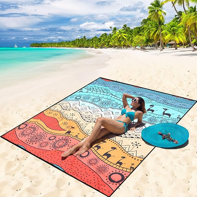 Beach Blanket Waterproof Sandproof Beach Mat 79 X 83/10'x9'for 2-8 Adults Quick Drying Outdoor Picnic Mat Beach Accessories for Travel Camping Hiking
